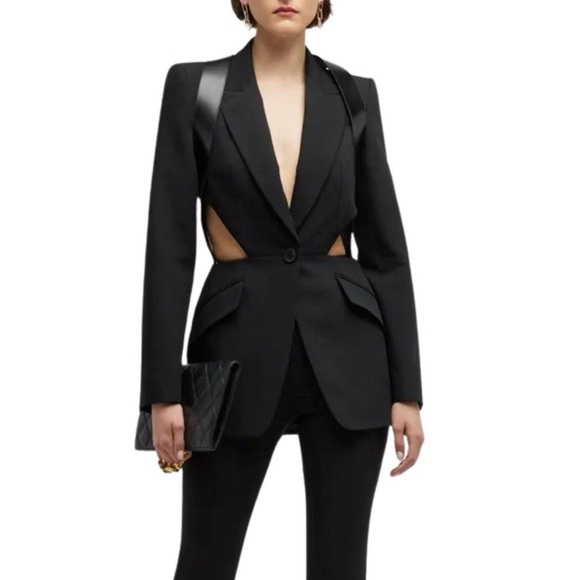 ALEXANDER MCQUEEN Blazer Black Harness Cut Out Wool Leather US 2 EU 38 Jacket - Picture 2 of 14